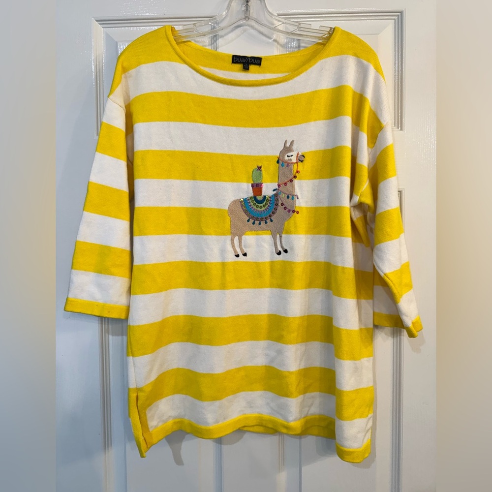 Bua Bua Yellow & White Striped Embroidered Llama Top